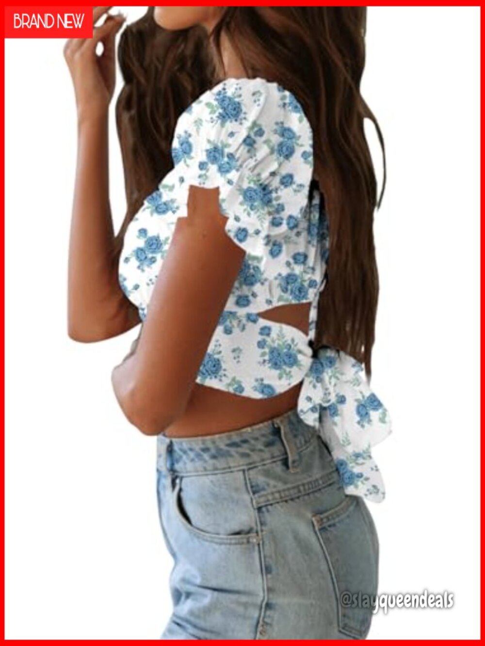Ruffle Puff Sleeve Tie Back Crop Top Blouse Off Shoulder Cropped - Picture 3 of 7